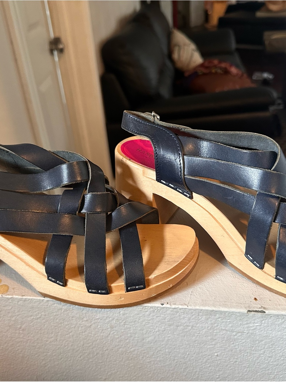 Swedish Hasbeens Navy Woven Leather Platform Sandals